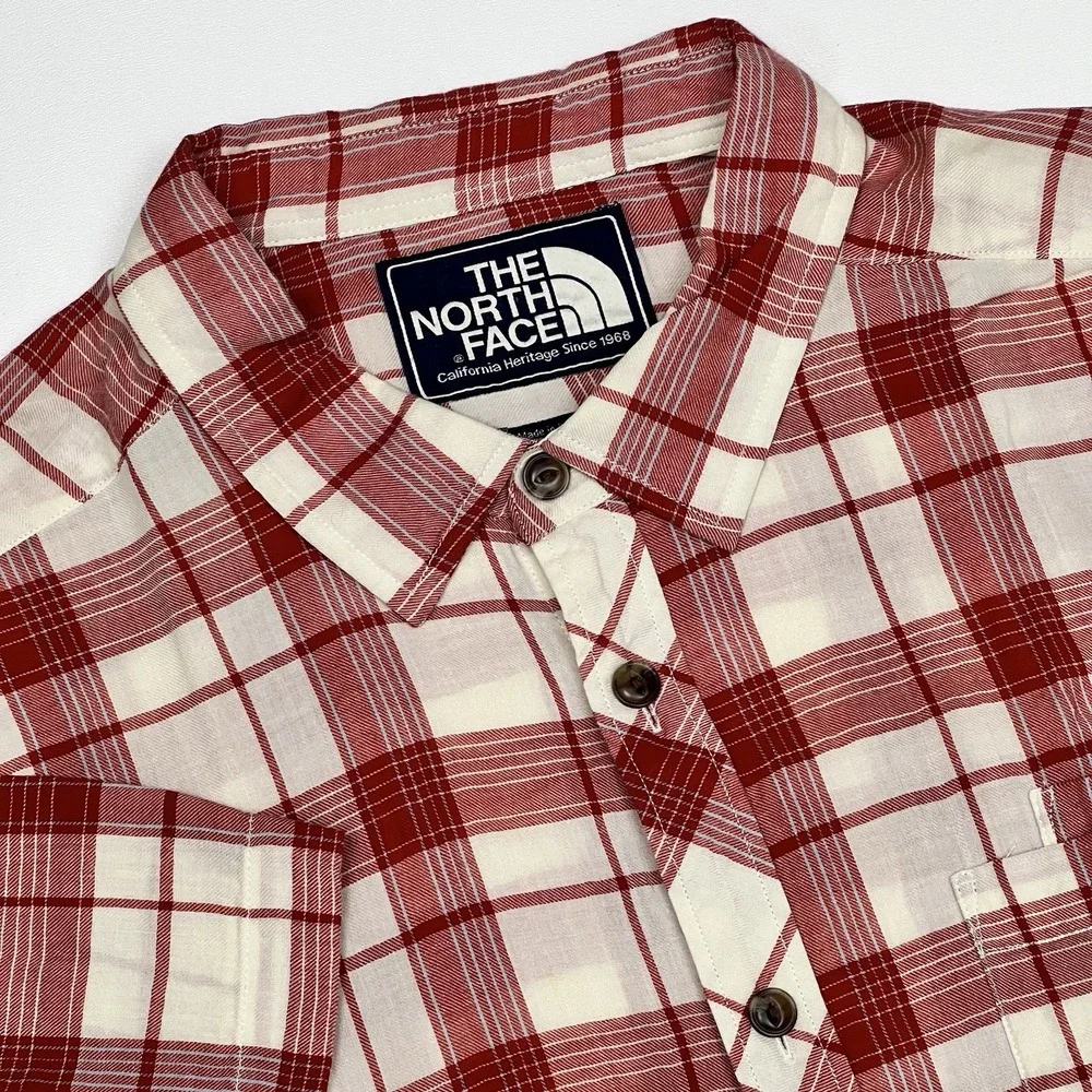 The North Face Mens 2XL Red Plaid Short Sleeve Button Down Shirt 100% Cotton